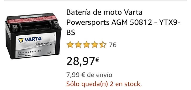 Batería VARTA YTX9-BS 12V 8Ah 135A, Batería para moto